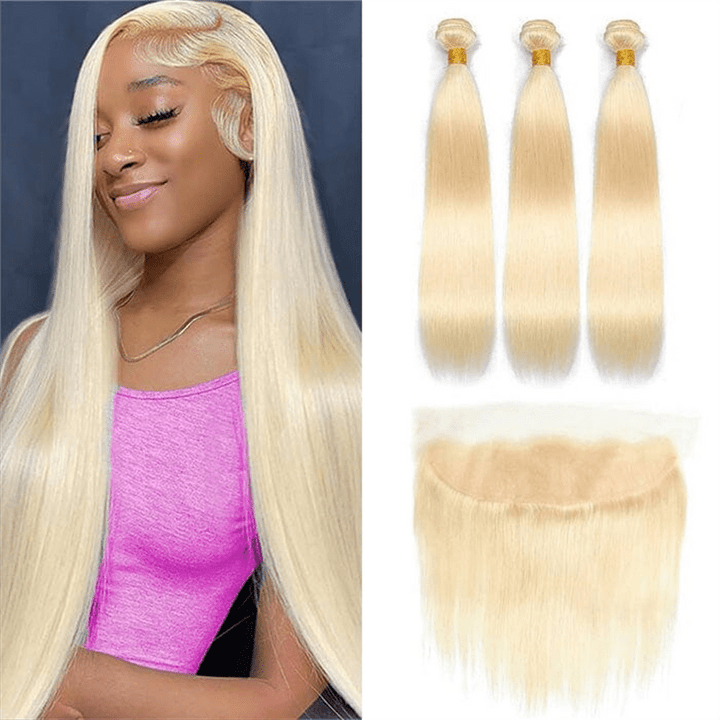 Msgem 613 Blonde Color Straight Human Hair 3 Bundles with 13x4 Lace Frontal Closure - Msgem Hair