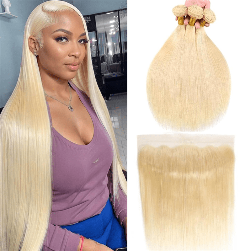 Msgem 613 Blonde Color Straight Human Hair 3 Bundles with 13x4 Lace Frontal Closure - Msgem Hair