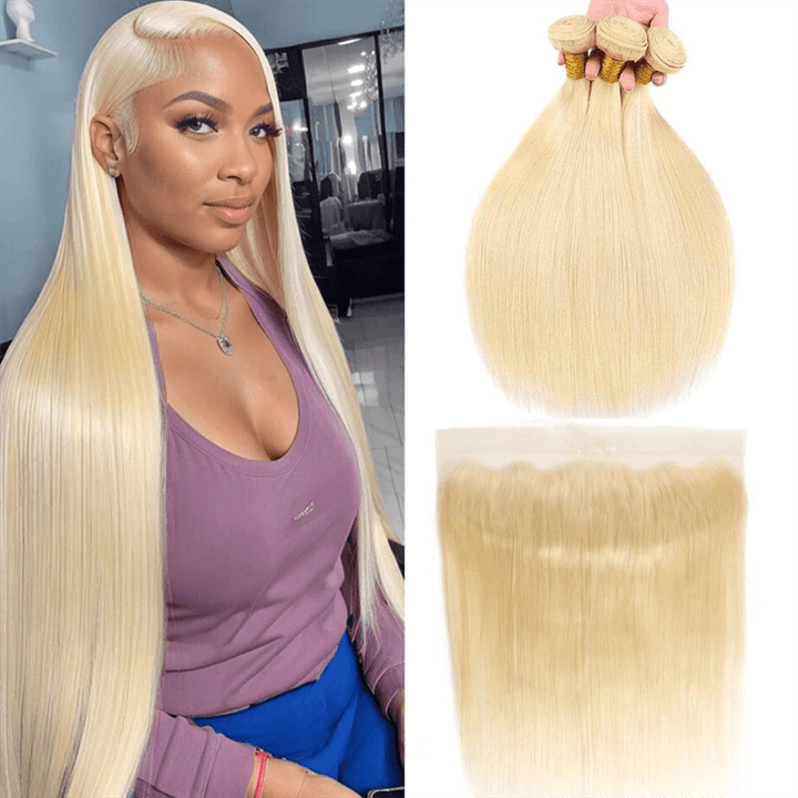 Msgem 613 Blonde Color Straight Human Hair 3 Bundles with 13x4 Lace Frontal Closure - Msgem Hair