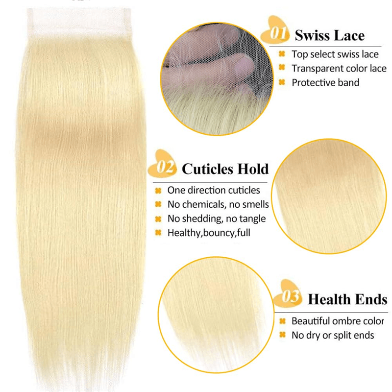 Msgem 613 Blonde Hair 3 Bundles With 4x4 Lace Closure Straight Human Hair Extensions - Msgem Hair