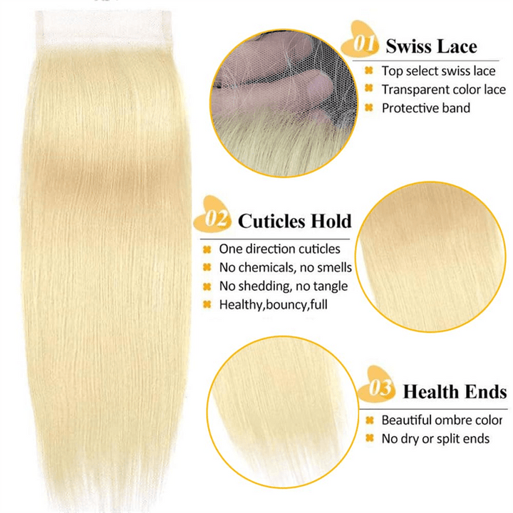 Msgem 613 Blonde Hair 3 Bundles With 4x4 Lace Closure Straight Human Hair Extensions - Msgem Hair