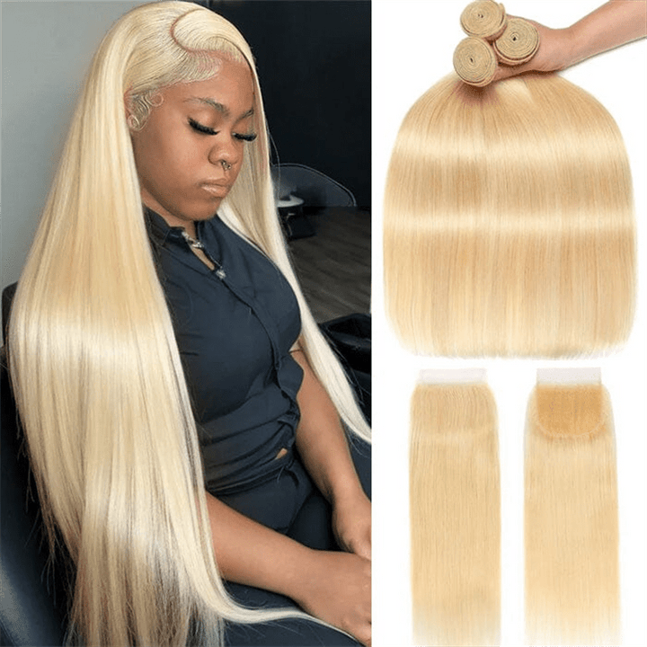 Msgem 613 Blonde Hair 3 Bundles With 4x4 Lace Closure Straight Human Hair Extensions - Msgem Hair