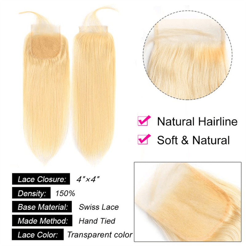 Msgem 613 Blonde Hair 3 Bundles With 4x4 Lace Closure Straight Human Hair Extensions - Msgem Hair