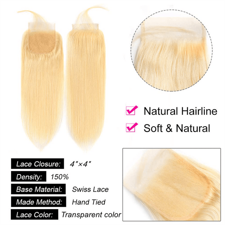 Msgem 613 Blonde Hair 3 Bundles With 4x4 Lace Closure Straight Human Hair Extensions - Msgem Hair