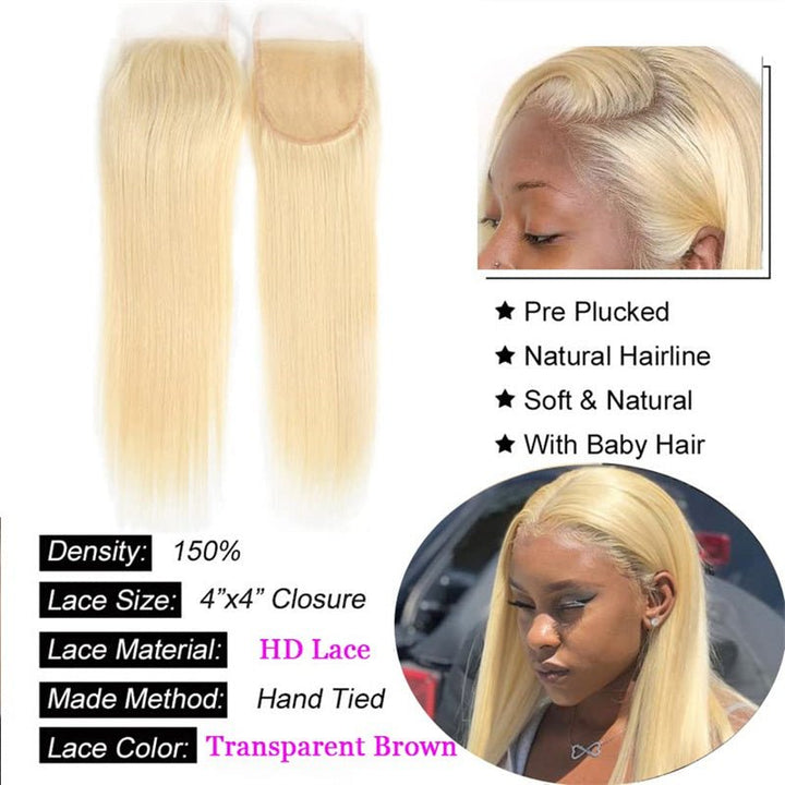 Msgem 613 Blonde Lace Closure Straight Human Hair 4x4 HD Lace Closure Pre Plucked - Msgem Hair