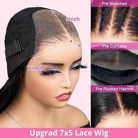 Msgem 7x5 Glueless Wig Human Hair Wear&go Golden Ratio Lace Size Pre-bleached Knots Deep Wave Wigs for Black Women