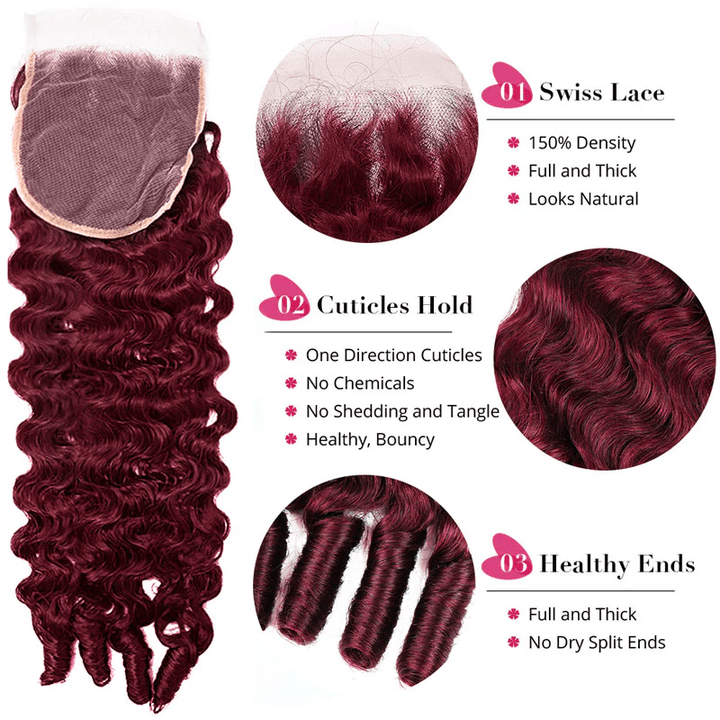 Msgem 99J Burgundy Burmese Curly 3 Bundles With 4x4 5x5 Lace Closure Human Hair Weave - Msgem Hair