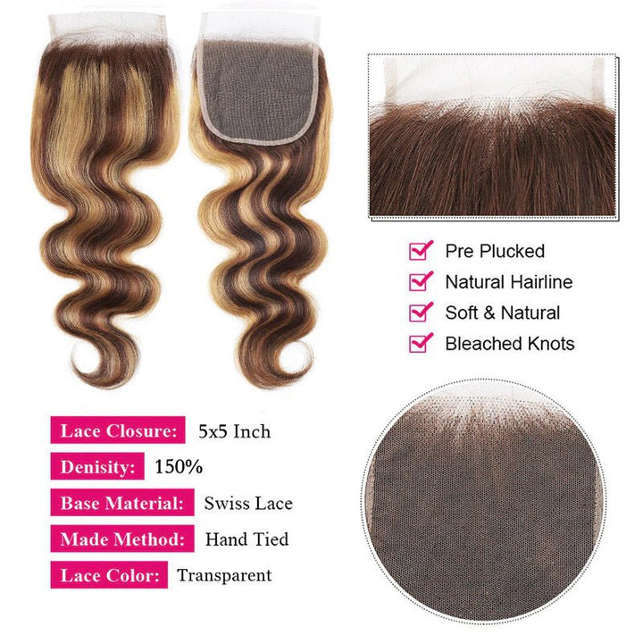 Msgem Body Wave 5x5 Lace Closure P4/27 Highlight Straight Hair Transparent HD Frontal Closure - Msgem Hair