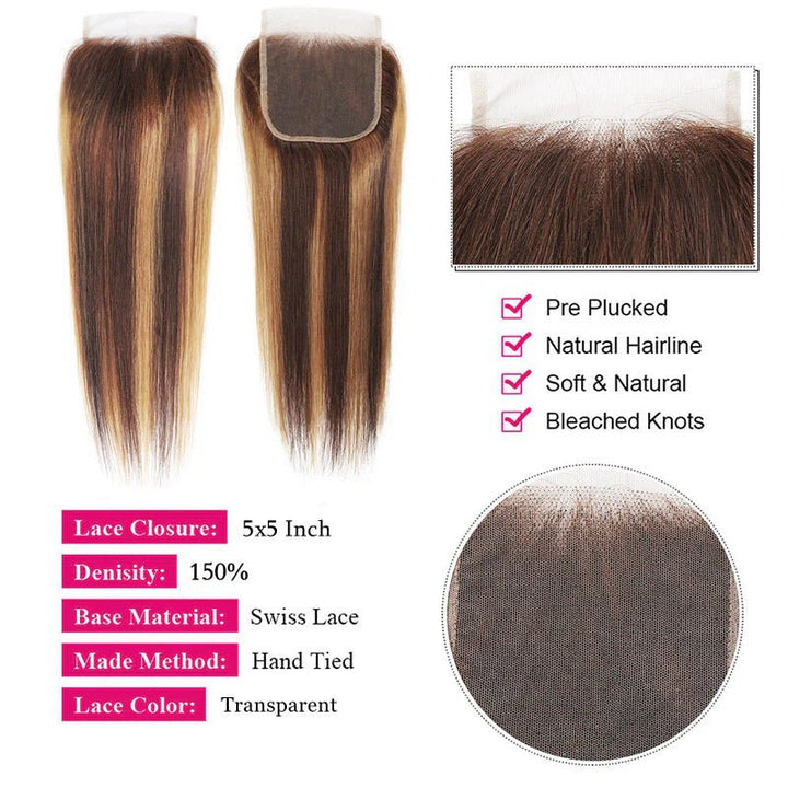 Msgem Body Wave 5x5 Lace Closure P4/27 Highlight Straight Hair Transparent HD Frontal Closure - Msgem Hair