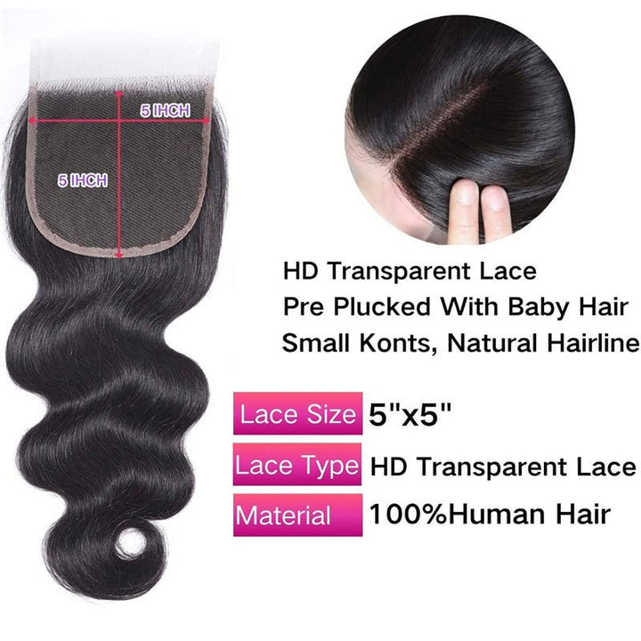 Msgem Body Wave 5x5 Transparent HD Lace Closure Virgin Human Hair Frontal Closure - Msgem Hair