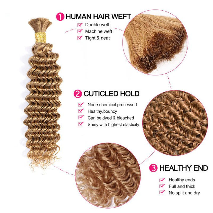 Msgem Braiding Hair #27 Honey Blonde Deep Wave Bulk Human Hair for Boho Braids - Msgem Hair