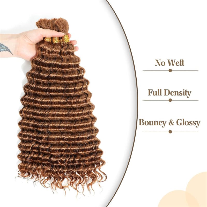 Msgem Braiding Hair for Boho Braids #30 Light Brown Deep Wave Bulk Human Hair for Braiding Bohemian No Weft - Msgem Hair
