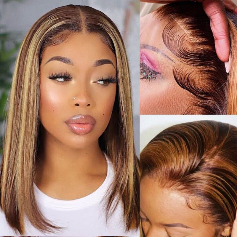 Msgem Brown Highlight Short Bob Wigs P4/27 Straight Hair 13x4 Lace Front Bob Wigs - Msgem Hair