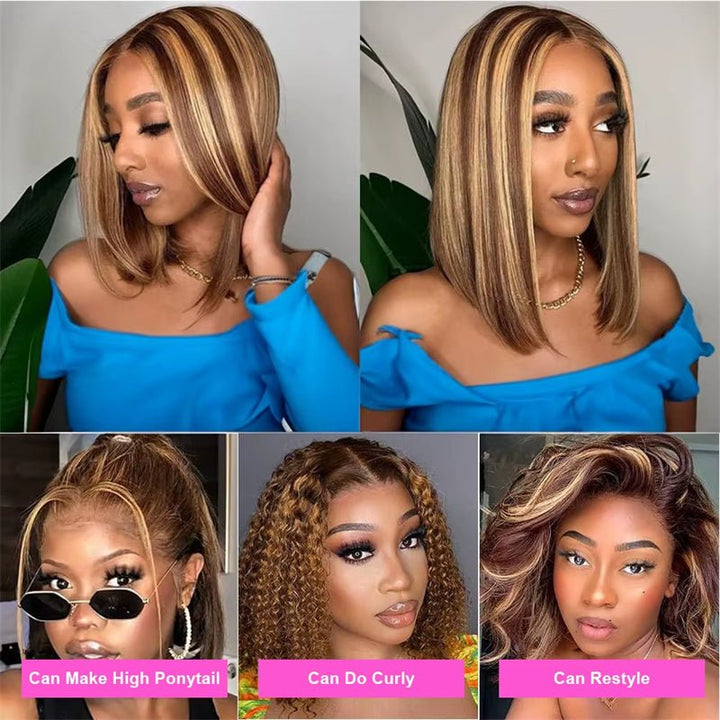 Msgem Brown Highlight Short Bob Wigs P4/27 Straight Hair 13x4 Lace Front Bob Wigs - Msgem Hair
