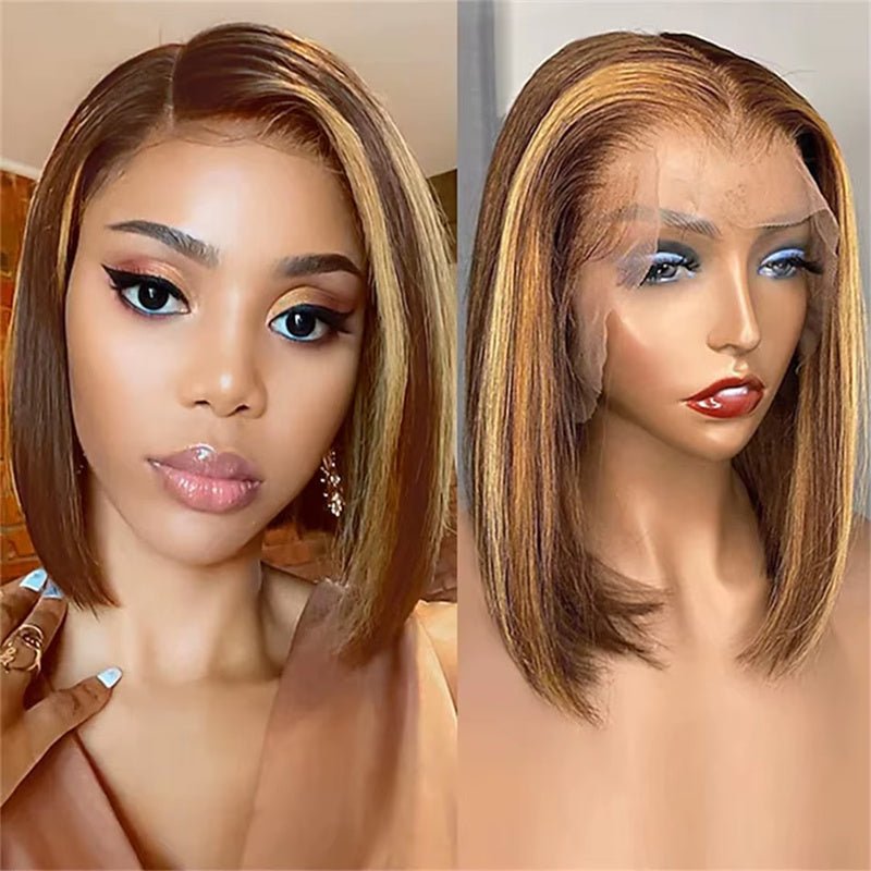 Msgem Brown Highlight Short Bob Wigs P4/27 Straight Hair 13x4 Lace Front Bob Wigs - Msgem Hair