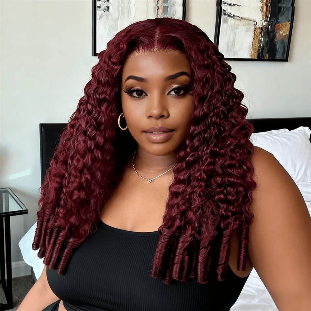 Msgem Burgundy 99J Burmese Curly Human Hair Wigs Transaprent 13x6 Full Lace Wig - Msgem Hair