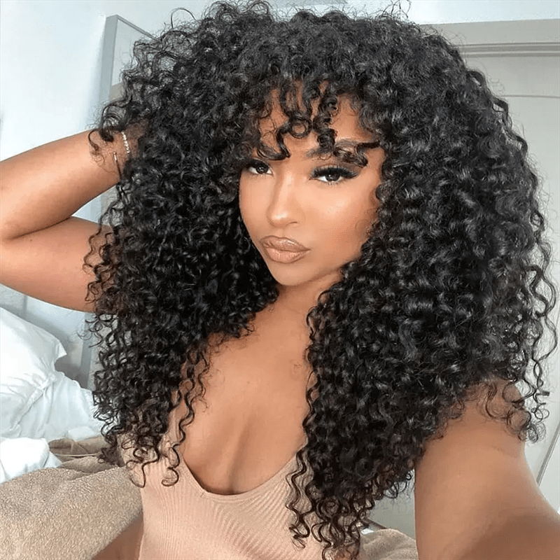 Msgem Burmese Curly Human Hair Wig With Bangs Natural Color Human Hair Glueless Wigs - Msgem Hair