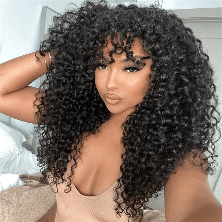 Msgem Burmese Curly Human Hair Wig With Bangs Natural Color Human Hair Glueless Wigs - Msgem Hair