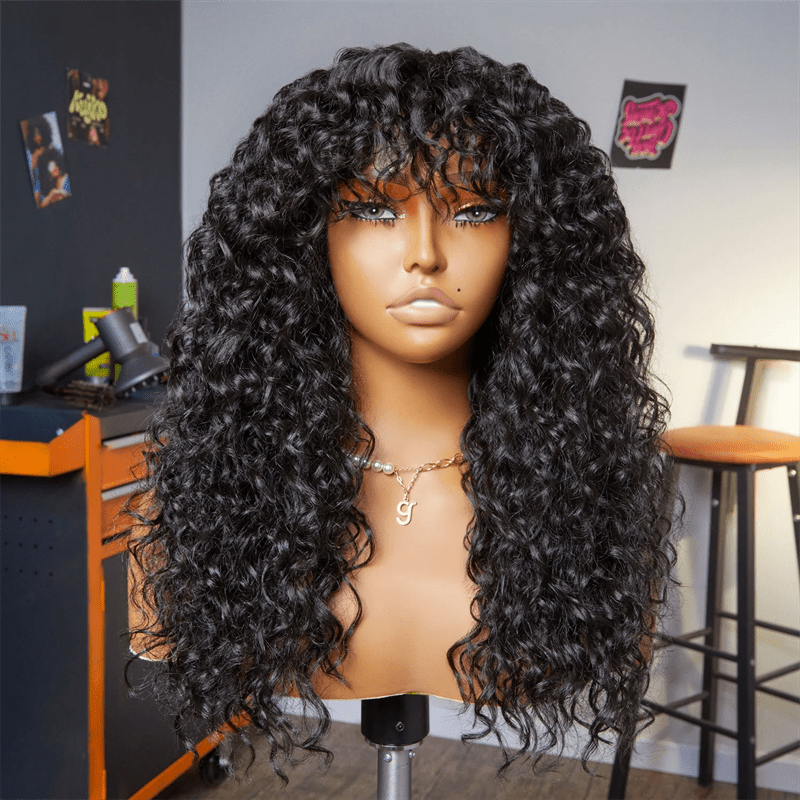 Msgem Burmese Curly Human Hair Wig With Bangs Natural Color Human Hair Glueless Wigs - Msgem Hair