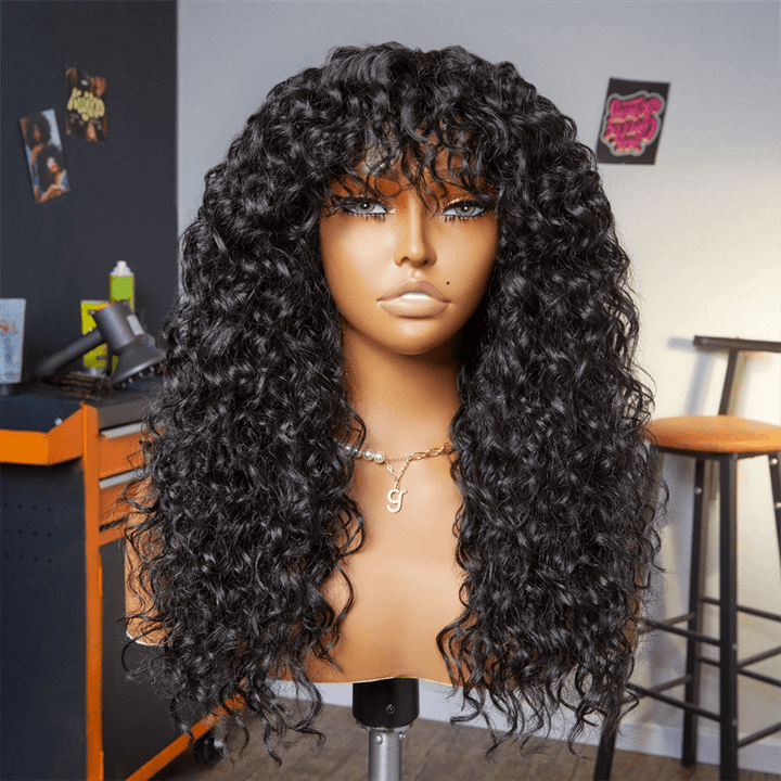 Msgem Burmese Curly Human Hair Wig With Bangs Natural Color Human Hair Glueless Wigs - Msgem Hair