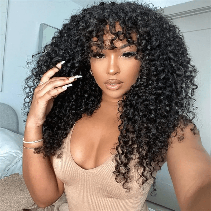 Msgem Burmese Curly Human Hair Wig With Bangs Natural Color Human Hair Glueless Wigs - Msgem Hair