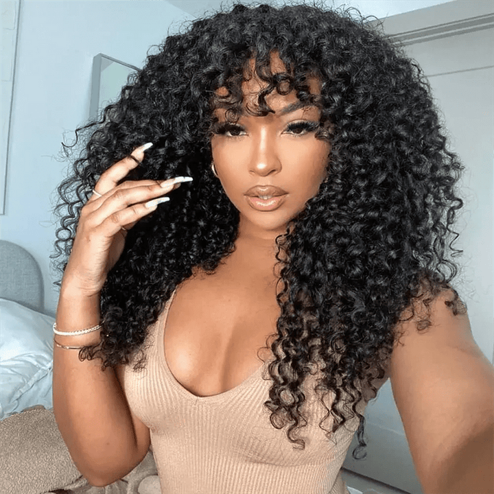 Msgem Burmese Curly Human Hair Wig With Bangs Natural Color Human Hair Glueless Wigs - Msgem Hair