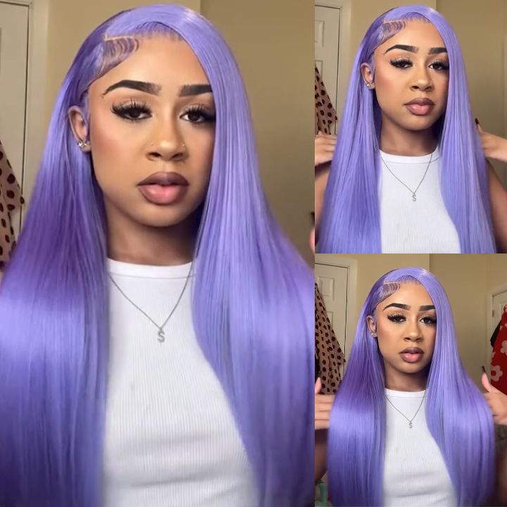 Msgem Purple Colored Wig Straight Hair 13x6 HD Transparent Lace Front Human Hair Wigs Body Wave Lace Frontal Wig