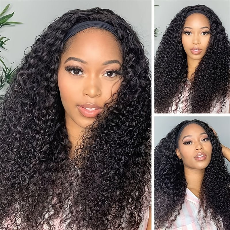 Msgem Curly Wave Headband Wigs With Scarf Natural Black Glueless Human Hair Wig No Sew In - Msgem Hair