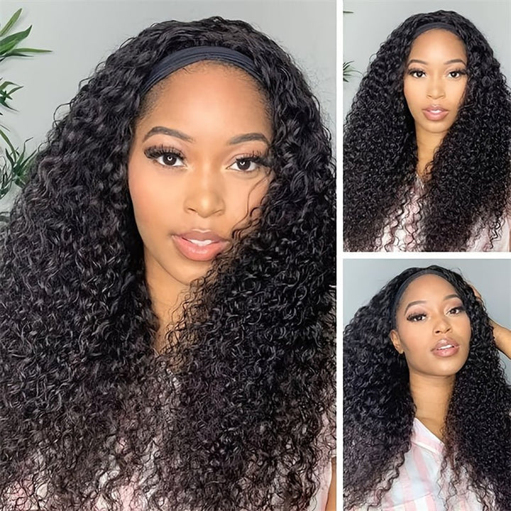 Msgem Curly Wave Headband Wigs With Scarf Natural Black Glueless Human Hair Wig No Sew In - Msgem Hair