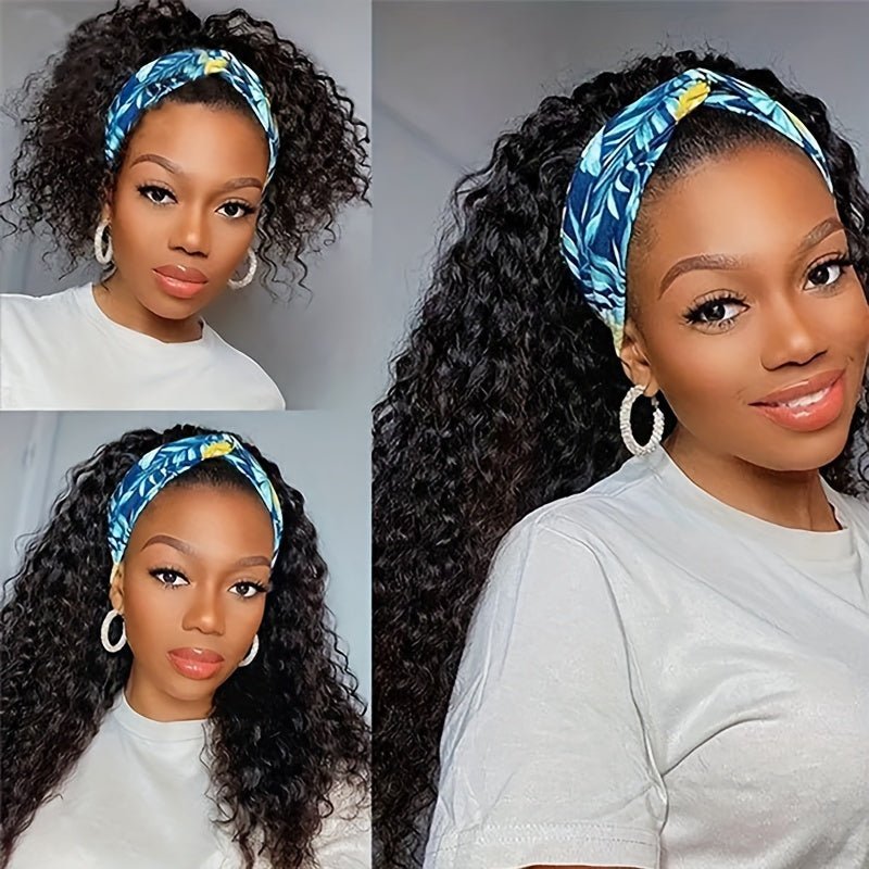 Msgem Curly Wave Headband Wigs With Scarf Natural Black Glueless Human Hair Wig No Sew In - Msgem Hair