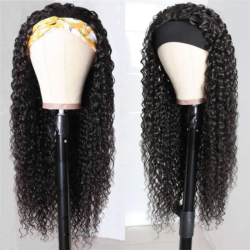 Msgem Curly Wave Headband Wigs With Scarf Natural Black Glueless Human Hair Wig No Sew In - Msgem Hair