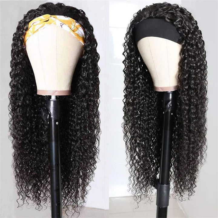 Msgem Curly Wave Headband Wigs With Scarf Natural Black Glueless Human Hair Wig No Sew In - Msgem Hair