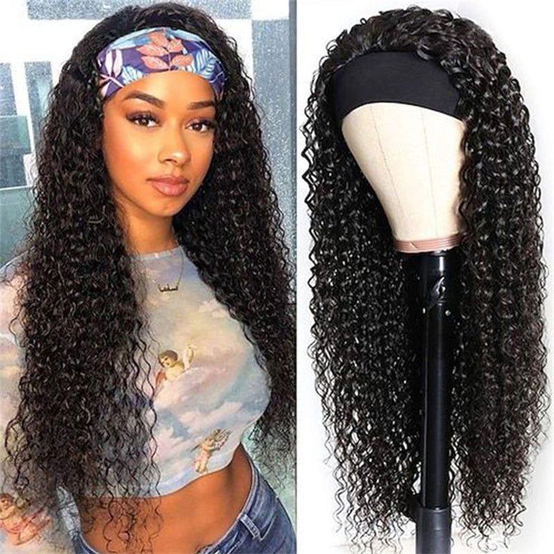 Msgem Curly Wave Headband Wigs With Scarf Natural Black Glueless Human Hair Wig No Sew In - Msgem Hair