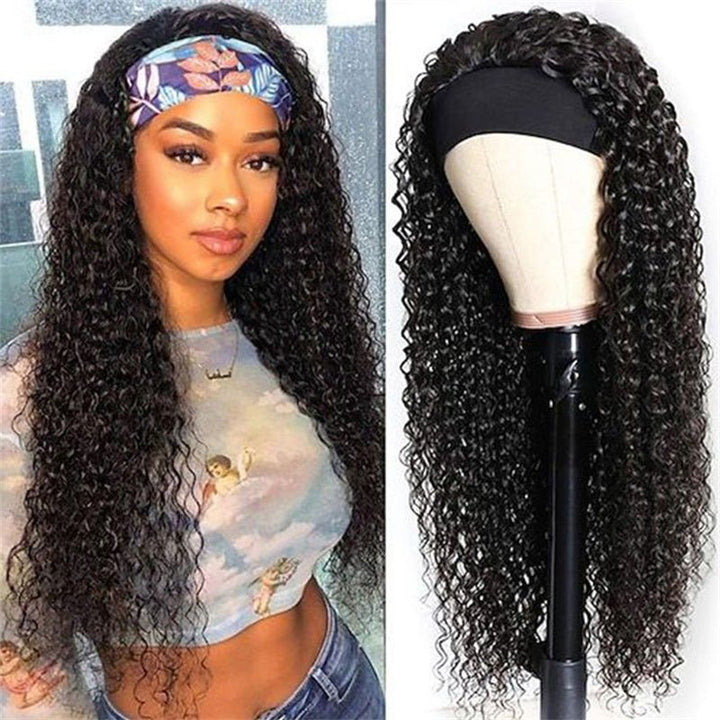Msgem Curly Wave Headband Wigs With Scarf Natural Black Glueless Human Hair Wig No Sew In - Msgem Hair