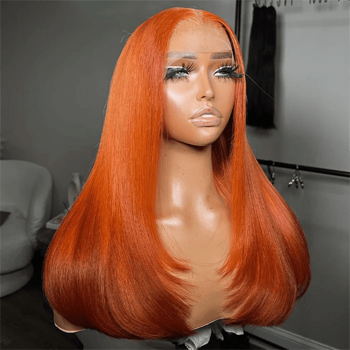Msgem Ginger Orange Layered Cut Transparent Lace Wig With Butterfly Wolf Cut 5x5 13x6 Straight Human Hair Wig - Msgem Hair