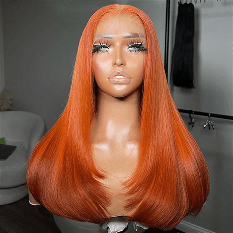 Msgem Ginger Orange Layered Cut Transparent Lace Wig With Butterfly Wolf Cut 5x5 13x6 Straight Human Hair Wig - Msgem Hair