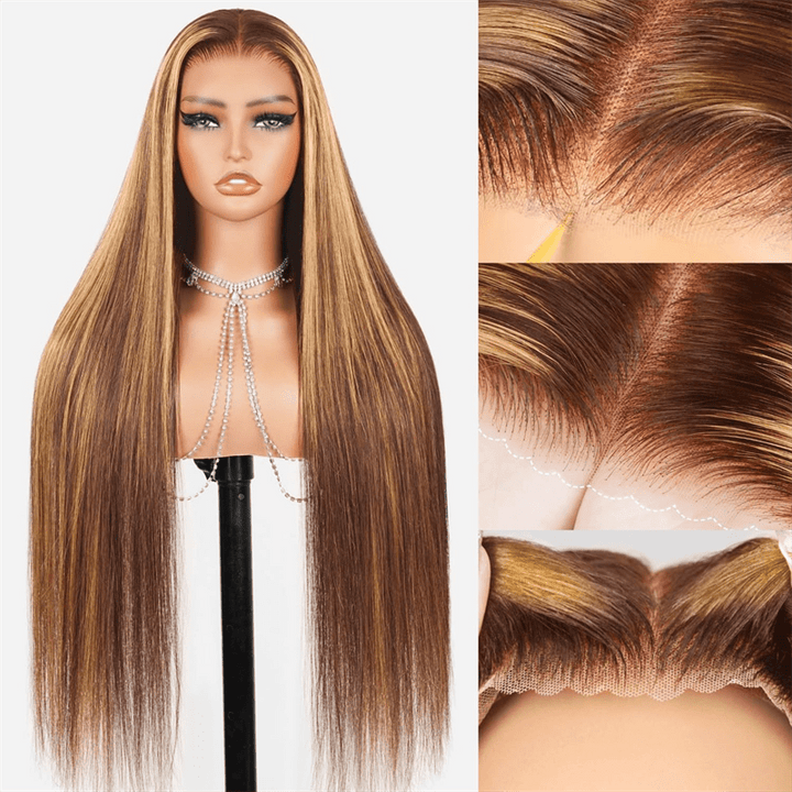 Msgem Glueless Wigs P4/27 Highlight Straight Human Hair Wigs Pre - Cut 5x5 Lace Closure Wig - Msgem Hair