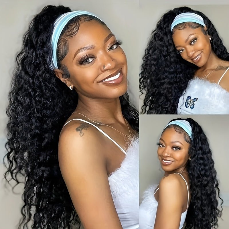 Msgem Hair Water Wave Glueless Human Hair Wigs Headband Scarf Wig Natural Color - Msgem Hair