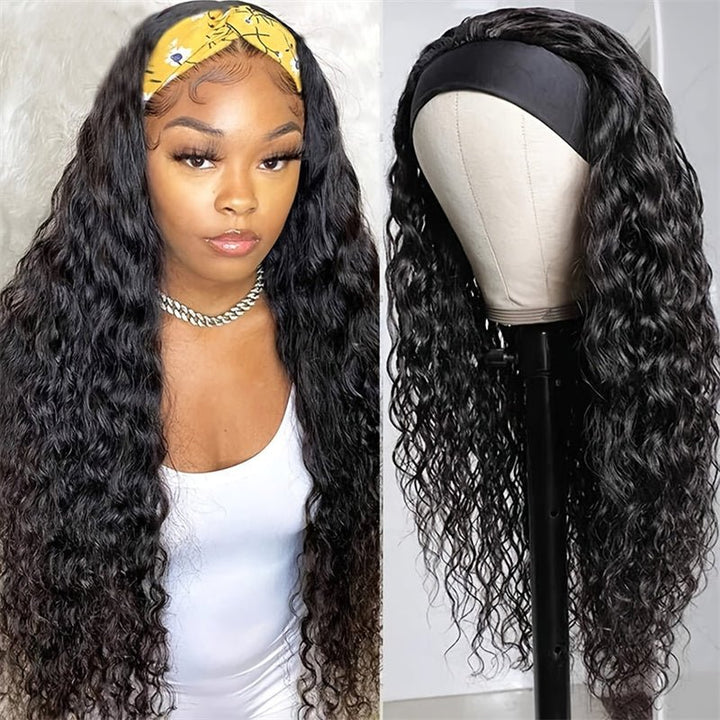 Msgem Hair Water Wave Glueless Human Hair Wigs Headband Scarf Wig Natural Color - Msgem Hair