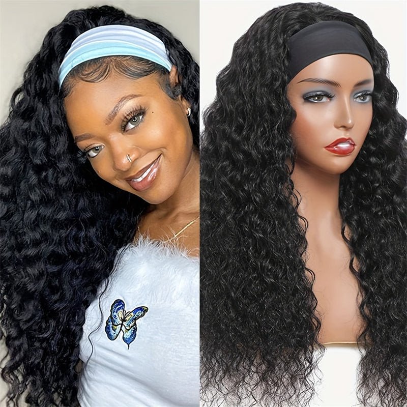 Msgem Hair Water Wave Glueless Human Hair Wigs Headband Scarf Wig Natural Color - Msgem Hair