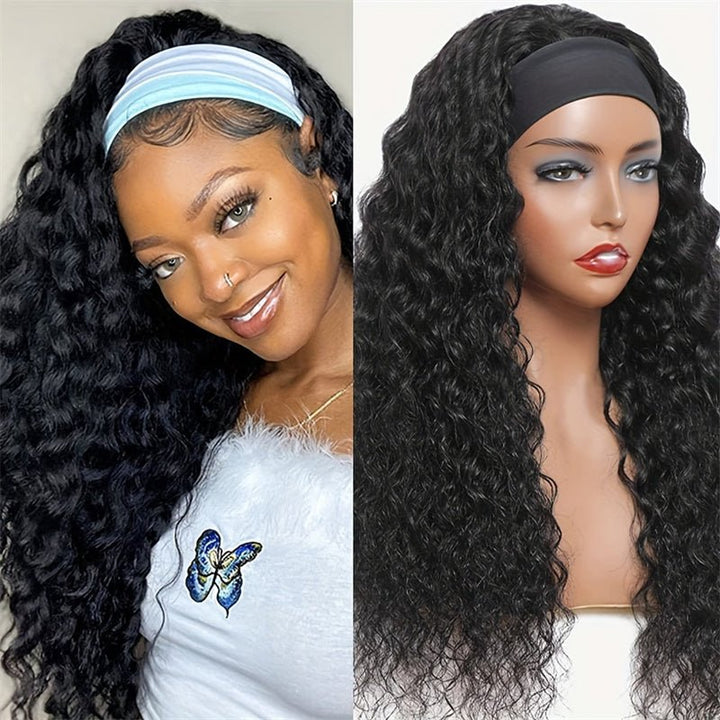 Msgem Hair Water Wave Glueless Human Hair Wigs Headband Scarf Wig Natural Color - Msgem Hair
