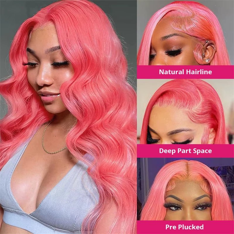 Msgem Hot Pink 13x4 Lace Frontal Wigs HD Transparent Body Wave 13x6 Lace Front Human Hair Colored Wigs - Msgem Hair