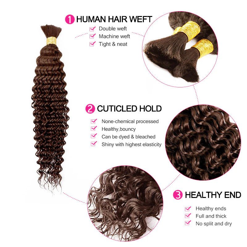 Msgem Human Braiding Hair for Boho Braids #4 Chocolate Brown Deep Wave Bulk Human Hair for Braiding No Weft - Msgem Hair