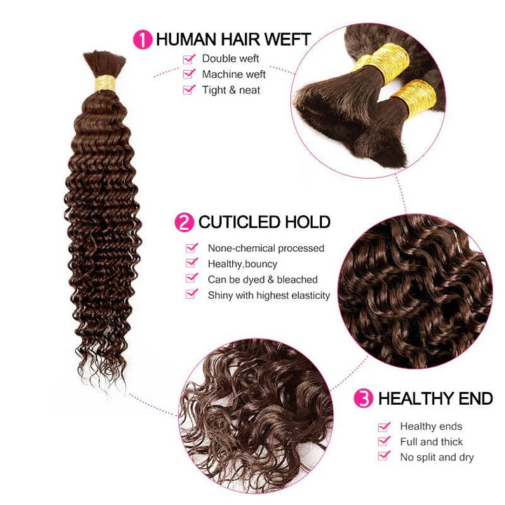 Msgem Human Braiding Hair for Boho Braids #4 Chocolate Brown Deep Wave Bulk Human Hair for Braiding No Weft - Msgem Hair