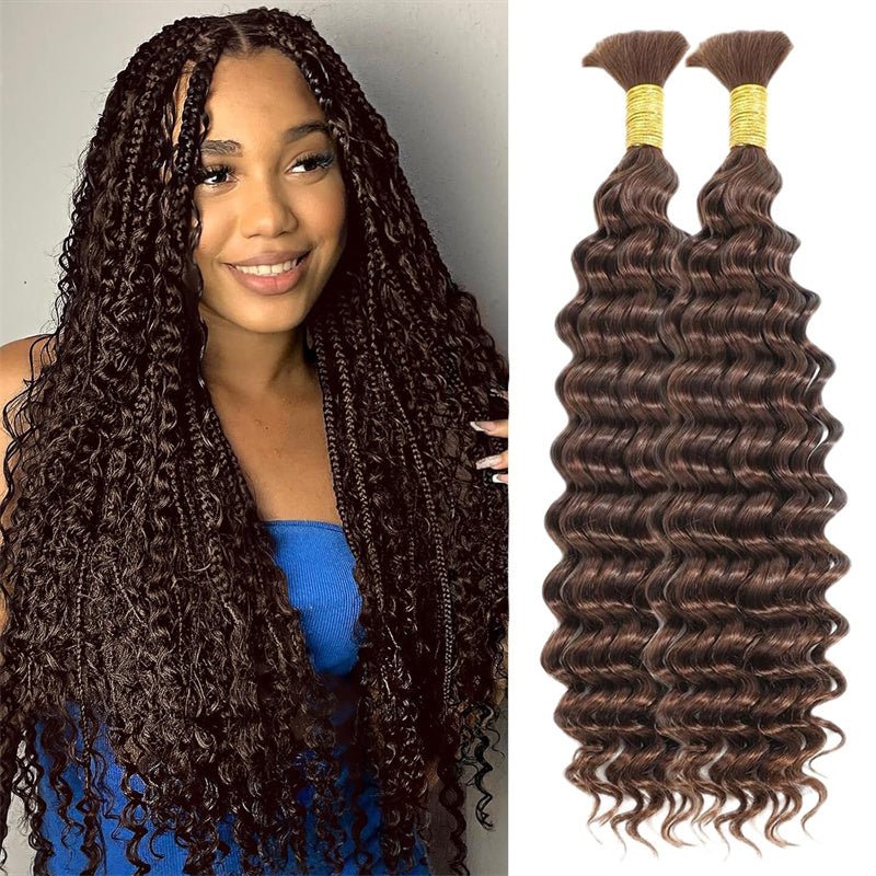 Msgem Human Braiding Hair for Boho Braids #4 Chocolate Brown Deep Wave Bulk Human Hair for Braiding No Weft - Msgem Hair