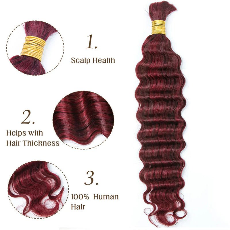 Msgem Human Braiding Hair for Boho Braids 99J Burgundy Deep Wave Bulk Human Hair for Braiding - Msgem Hair