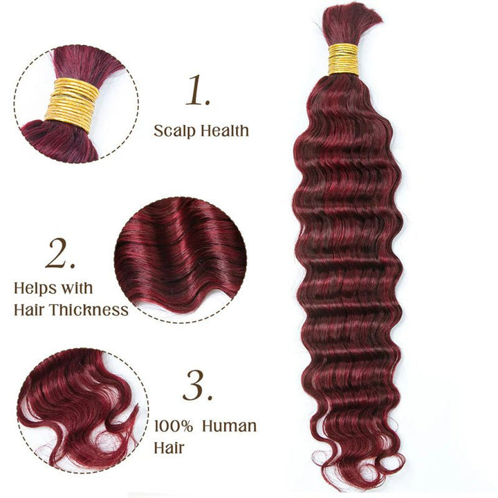 Msgem Human Braiding Hair for Boho Braids 99J Burgundy Deep Wave Bulk Human Hair for Braiding - Msgem Hair
