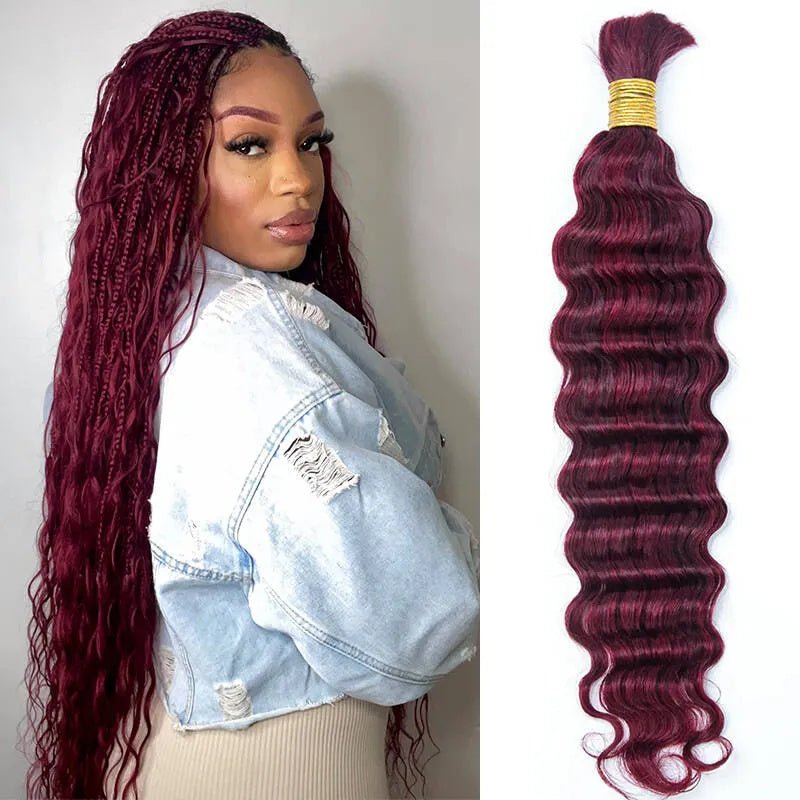 Msgem Human Braiding Hair for Boho Braids 99J Burgundy Deep Wave Bulk Human Hair for Braiding - Msgem Hair