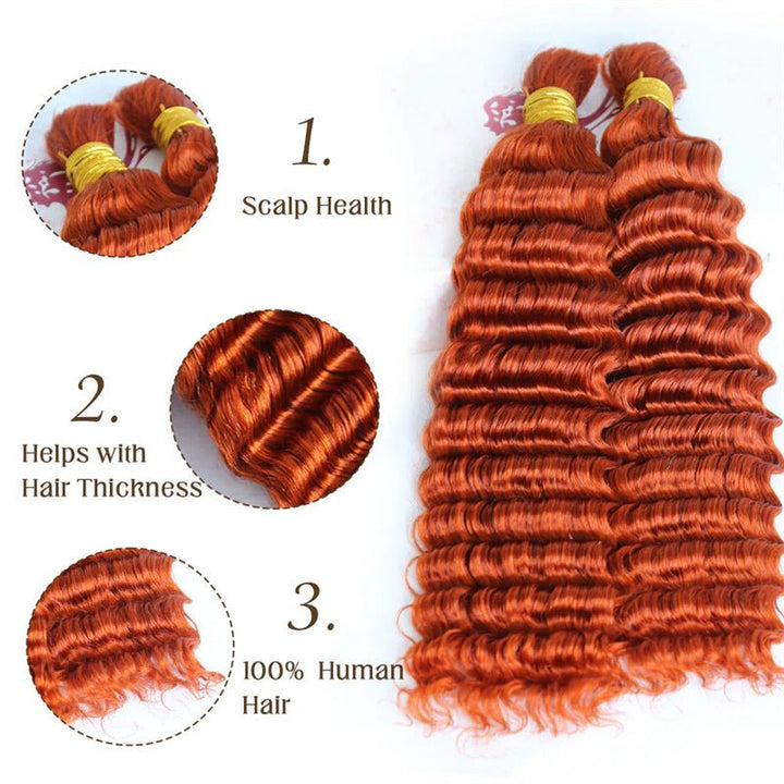 Msgem Human Braiding Hair Ginger Orange Deep Wave Human Bulk Hair for Boho Braids Wet and Wavy Braids Extensions - Msgem Hair
