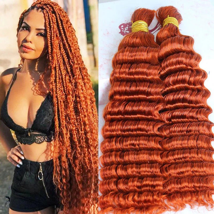 Msgem Human Braiding Hair Ginger Orange Deep Wave Human Bulk Hair for Boho Braids Wet and Wavy Braids Extensions - Msgem Hair